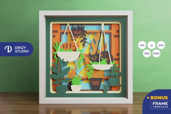 Cat on Hanging Potted Plants 3D SVG Shadow Boxes