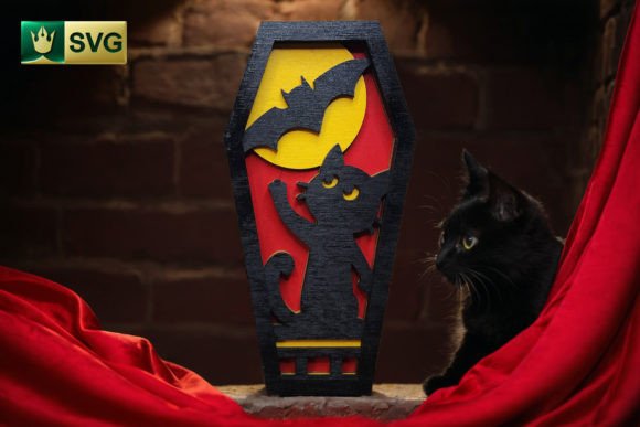 Halloween Coffin V7 Cat and Bat 3D SVG for Shapes